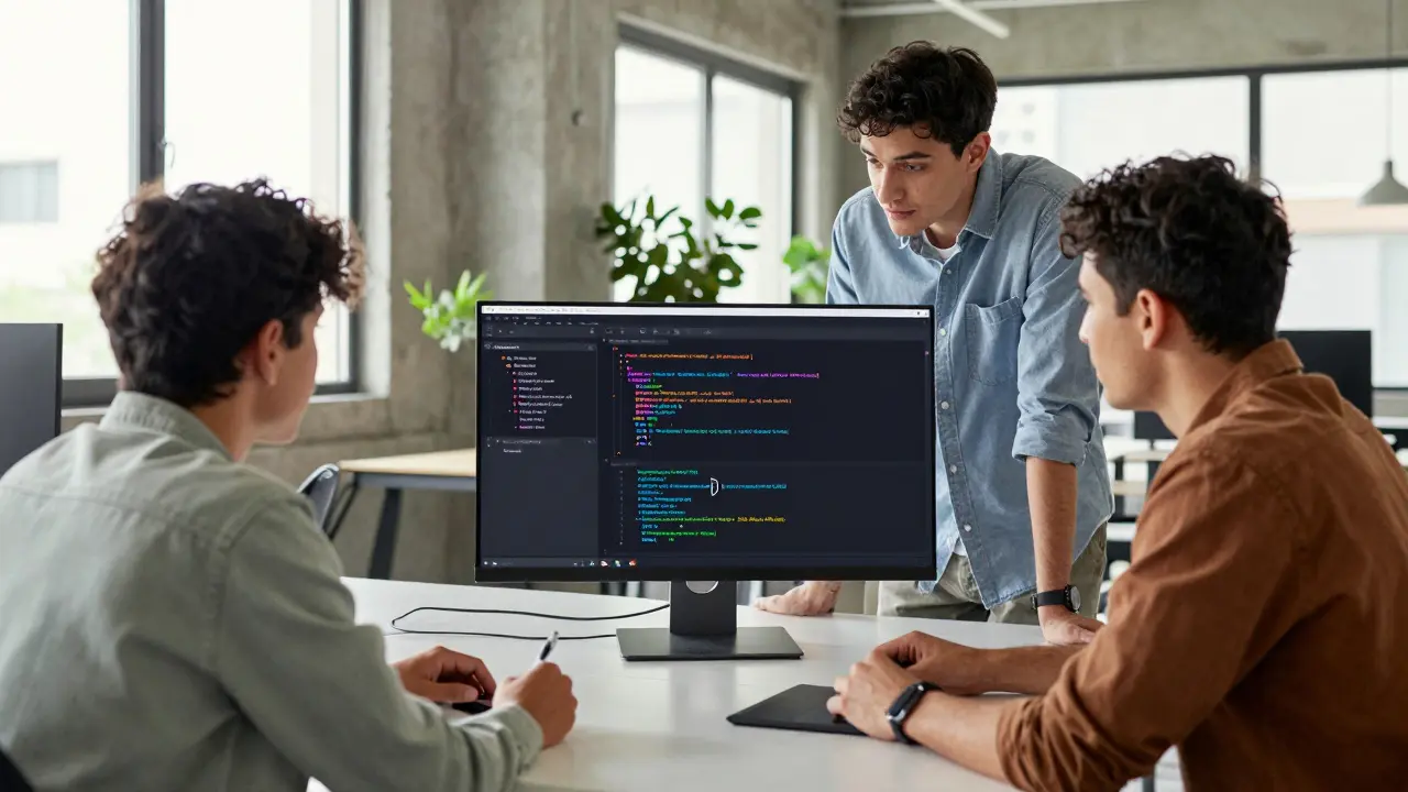 Diverse developers collaborating on a large touchscreen displaying a cloud-based IDE.