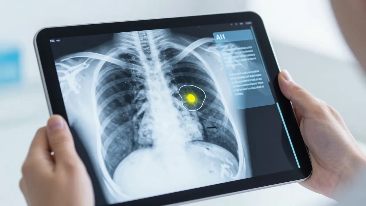 Doctor reviewing an X-ray on a tablet with AI-powered lesion detection and analysis.
