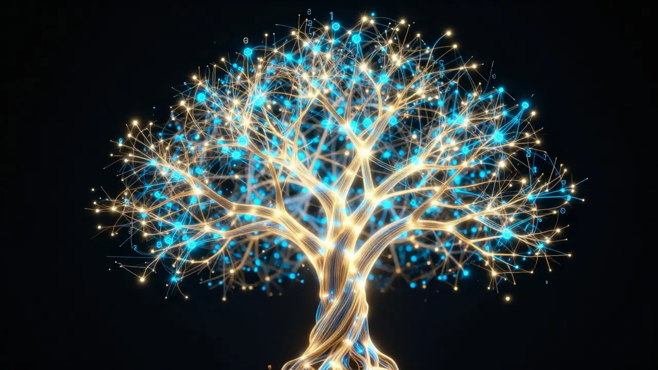 Glowing 3D digital tree representing AI probability paths and token selection.