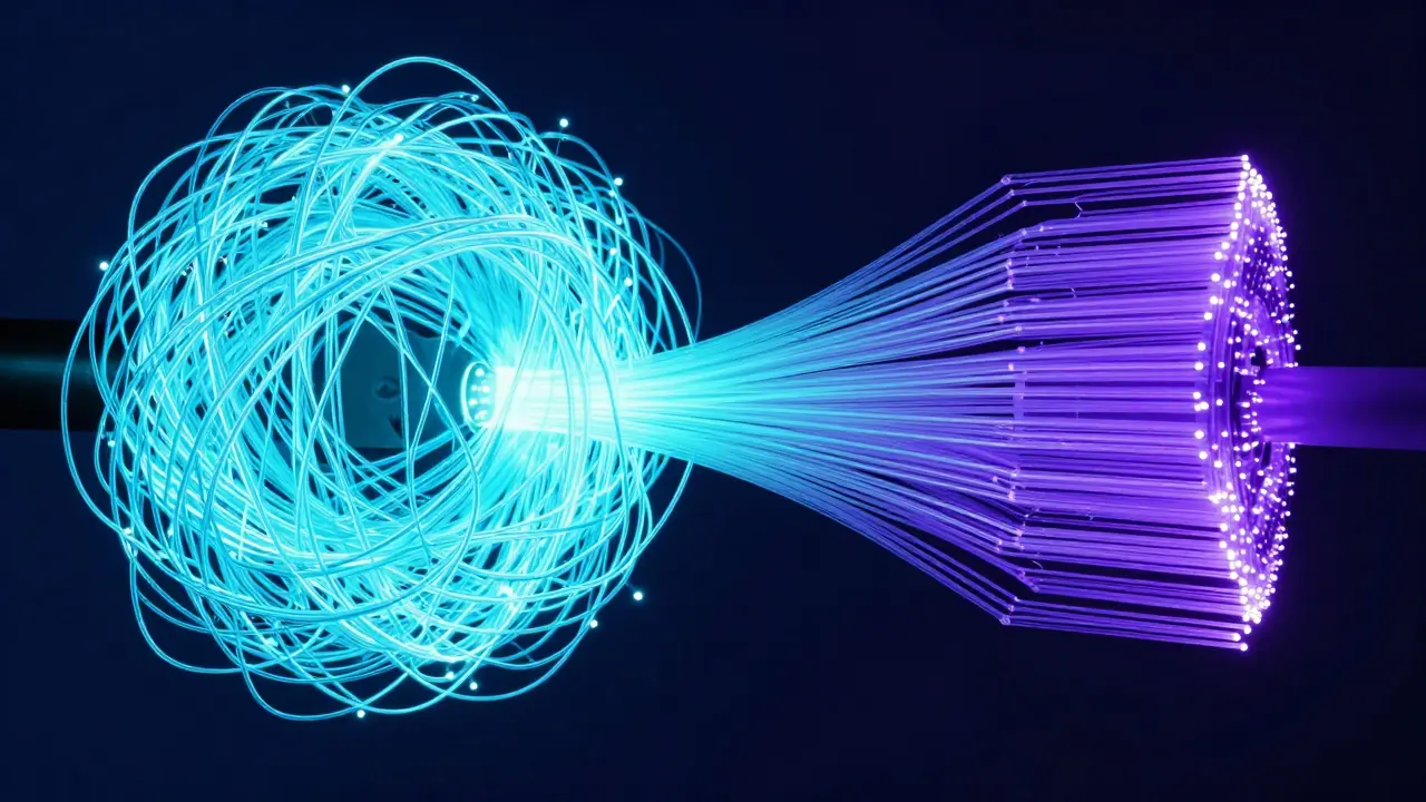 Glowing neon data cables transforming from a tangled mess into a structured, layered system.