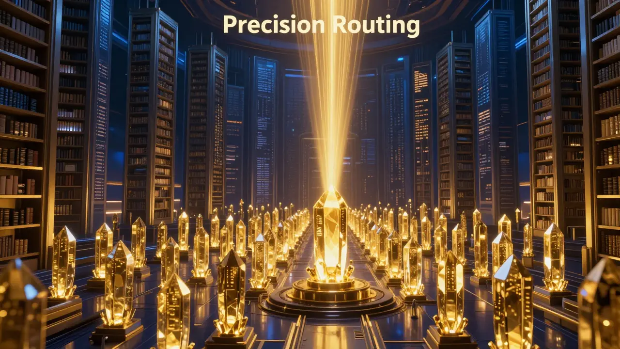 Golden light beam precisely selecting one data crystal in a futuristic digital library.