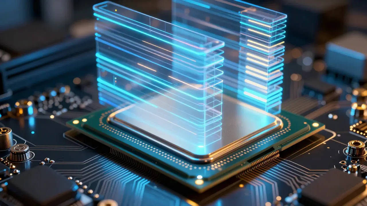 GPU hardware with holographic wide and deep architectural layers floating above it.