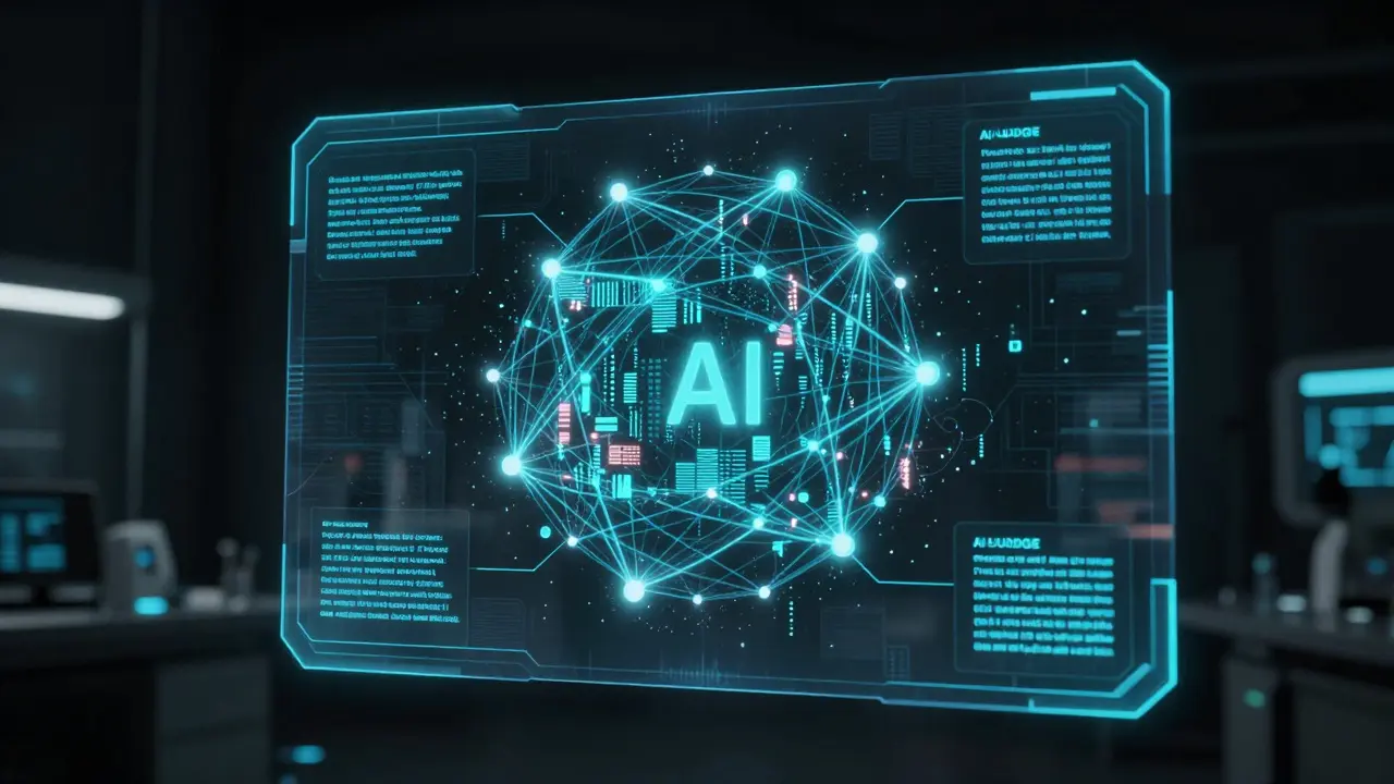 Holographic interface breaking down a text block into glowing atomic data fragments