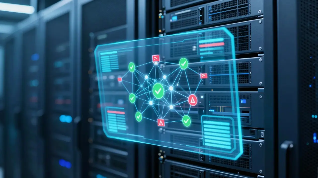 Holographic monitoring interface in a high-tech server room showing AI security checks
