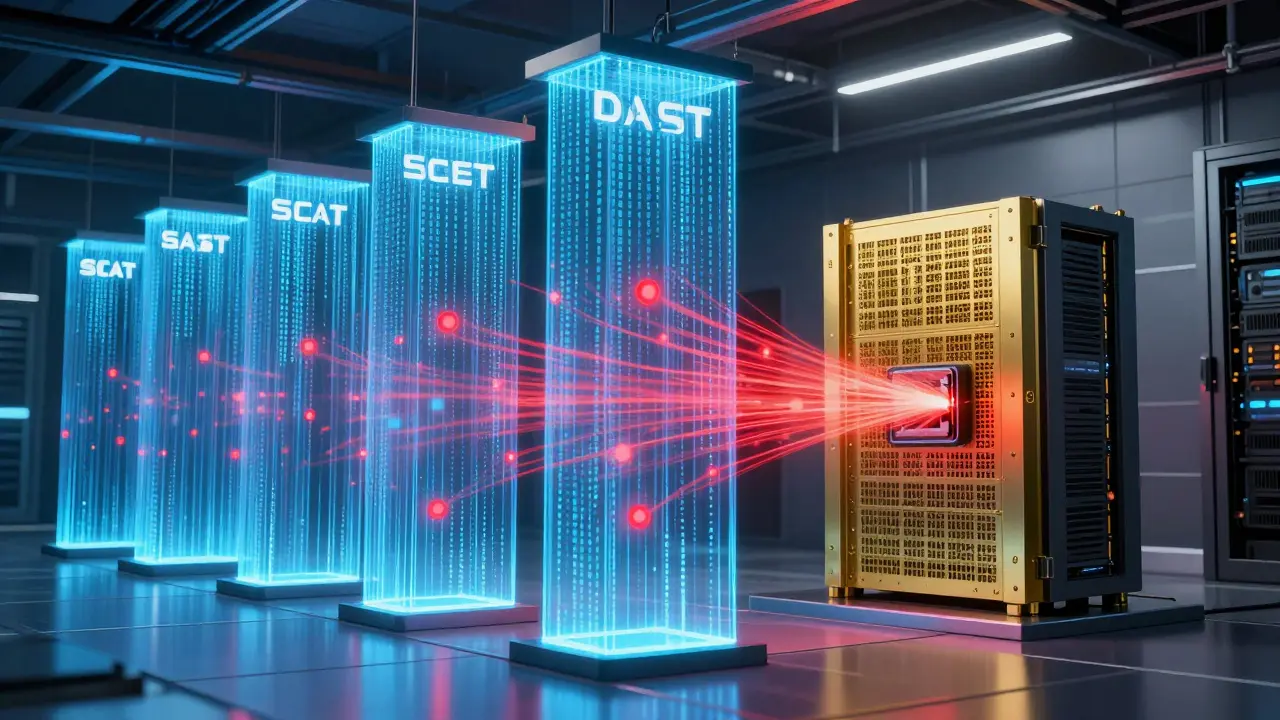 Holographic security filters scanning binary data in a futuristic server room.