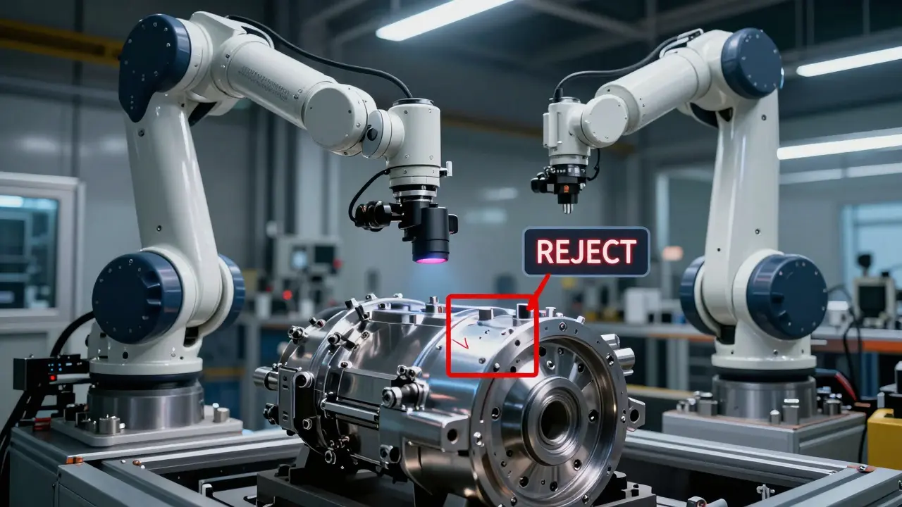 Industrial robotic arm using vision-language AI to detect a surface scratch on a car part.