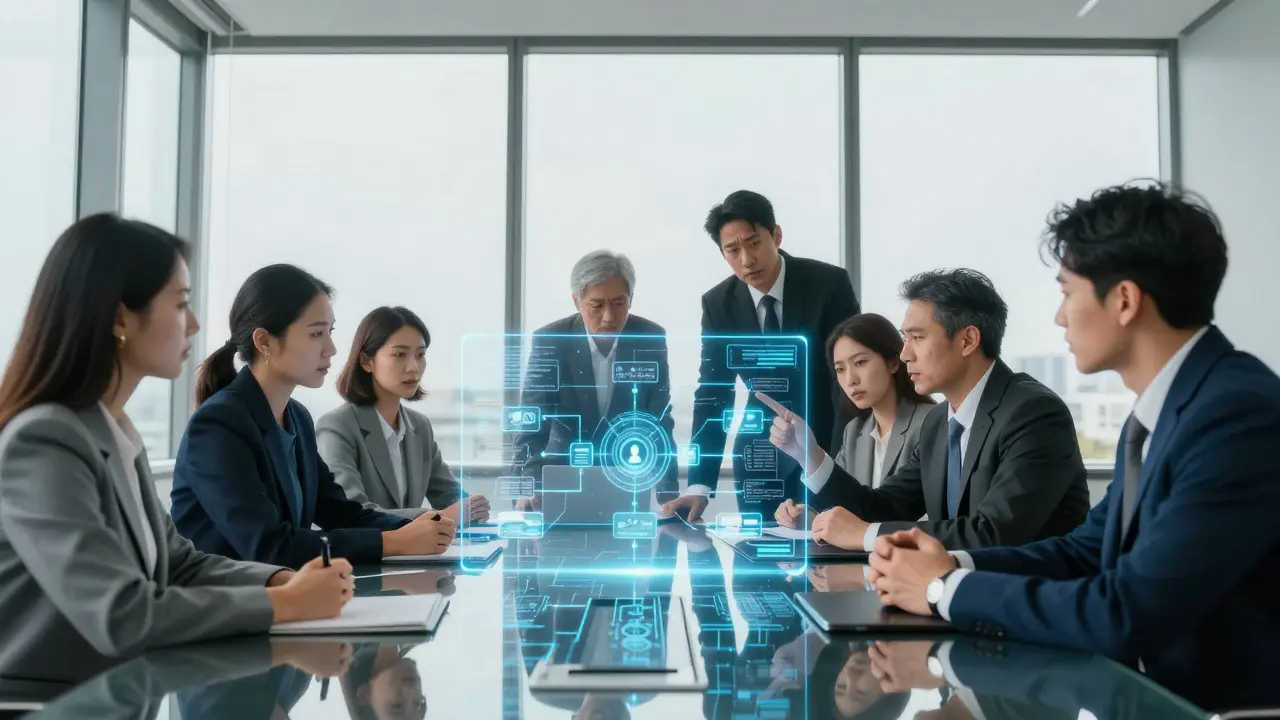 Legal and tech professionals reviewing a holographic data flow map in a boardroom.