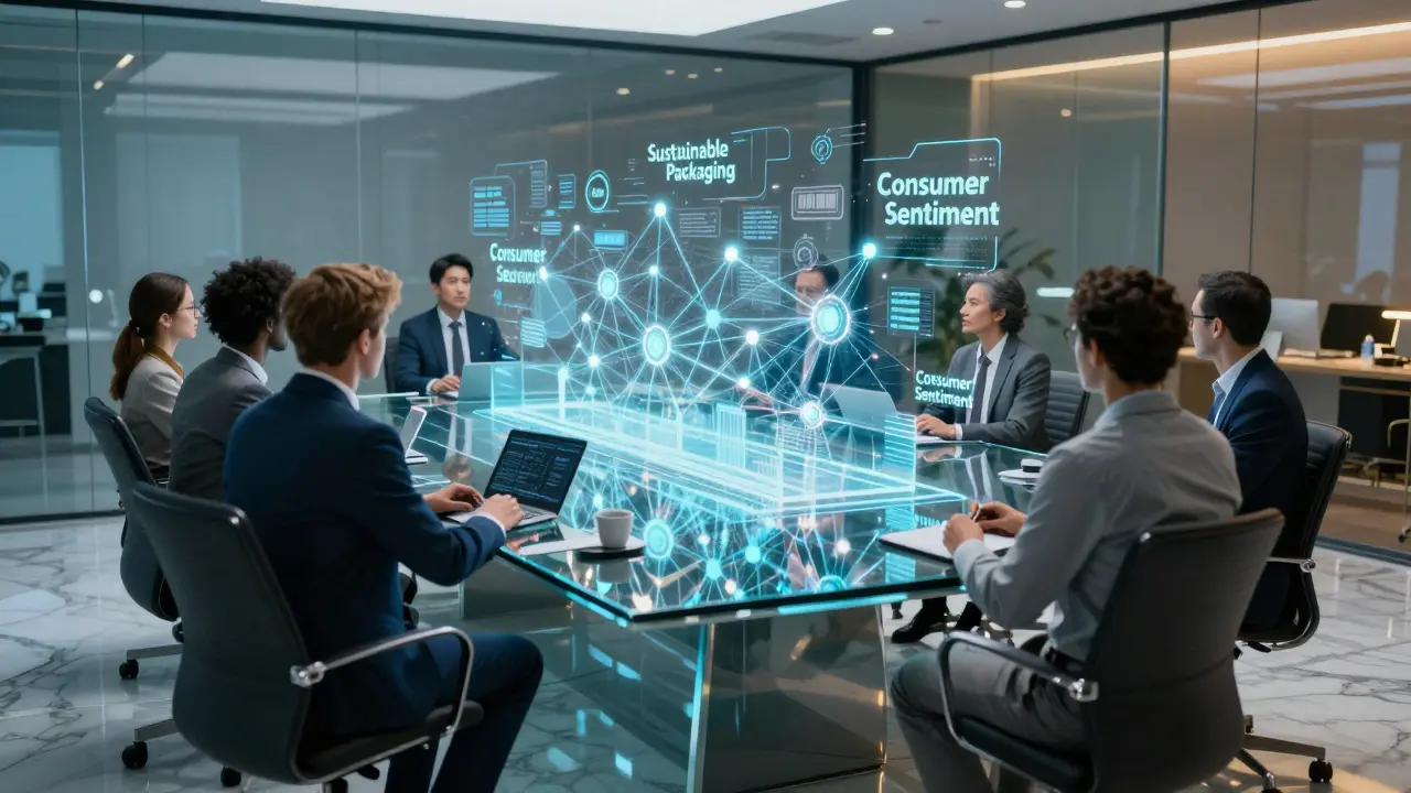 Marketing team analyzing holographic 3D trend data and consumer sentiment nodes in a boardroom.