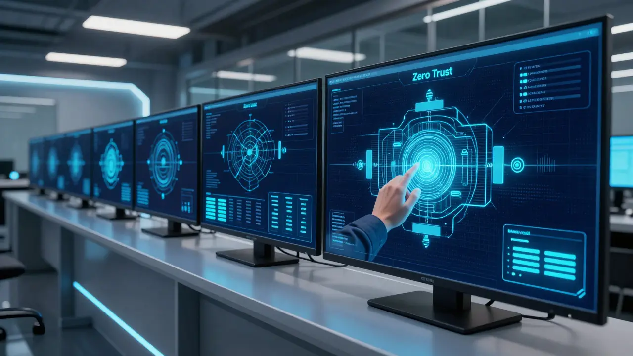 Modern security operations center monitoring AI zero trust architecture