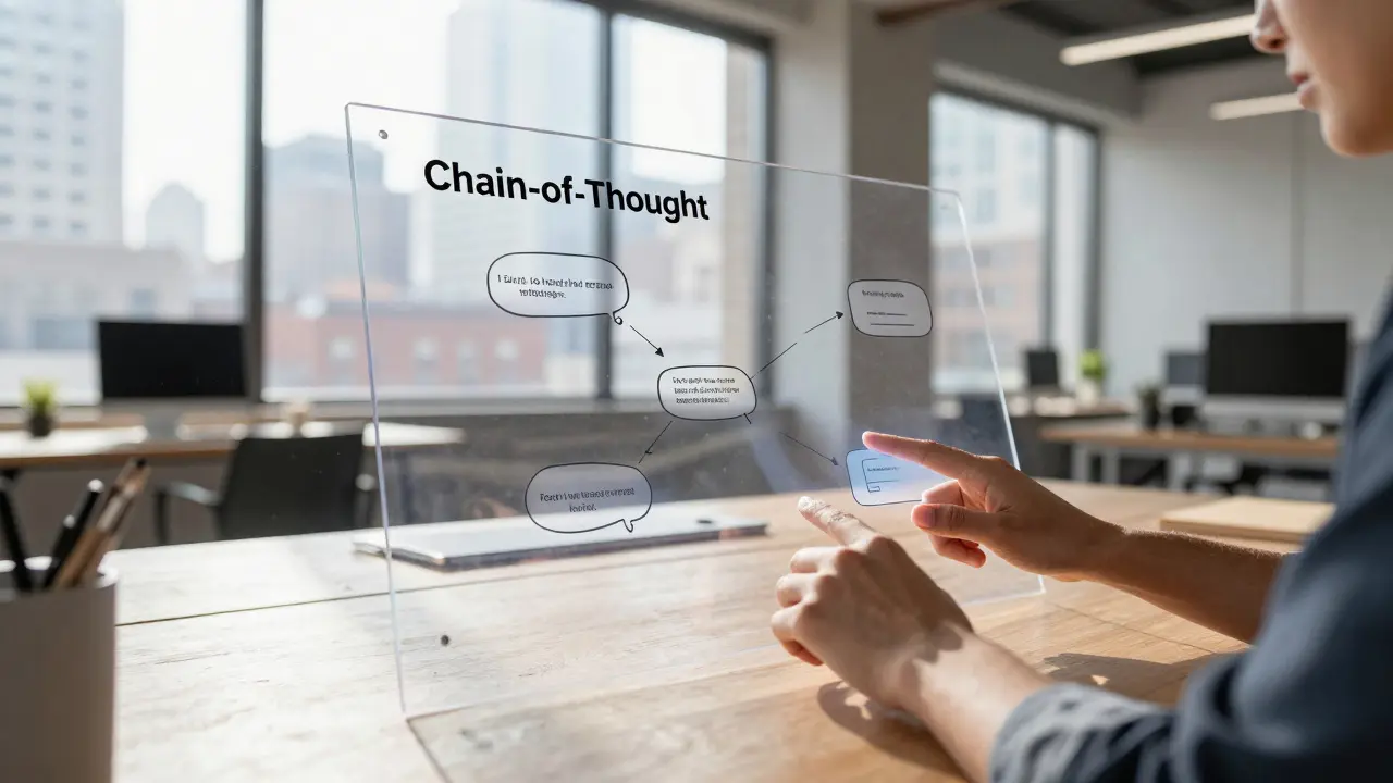 Person using a glass touch-screen to visualize AI chain-of-thought reasoning