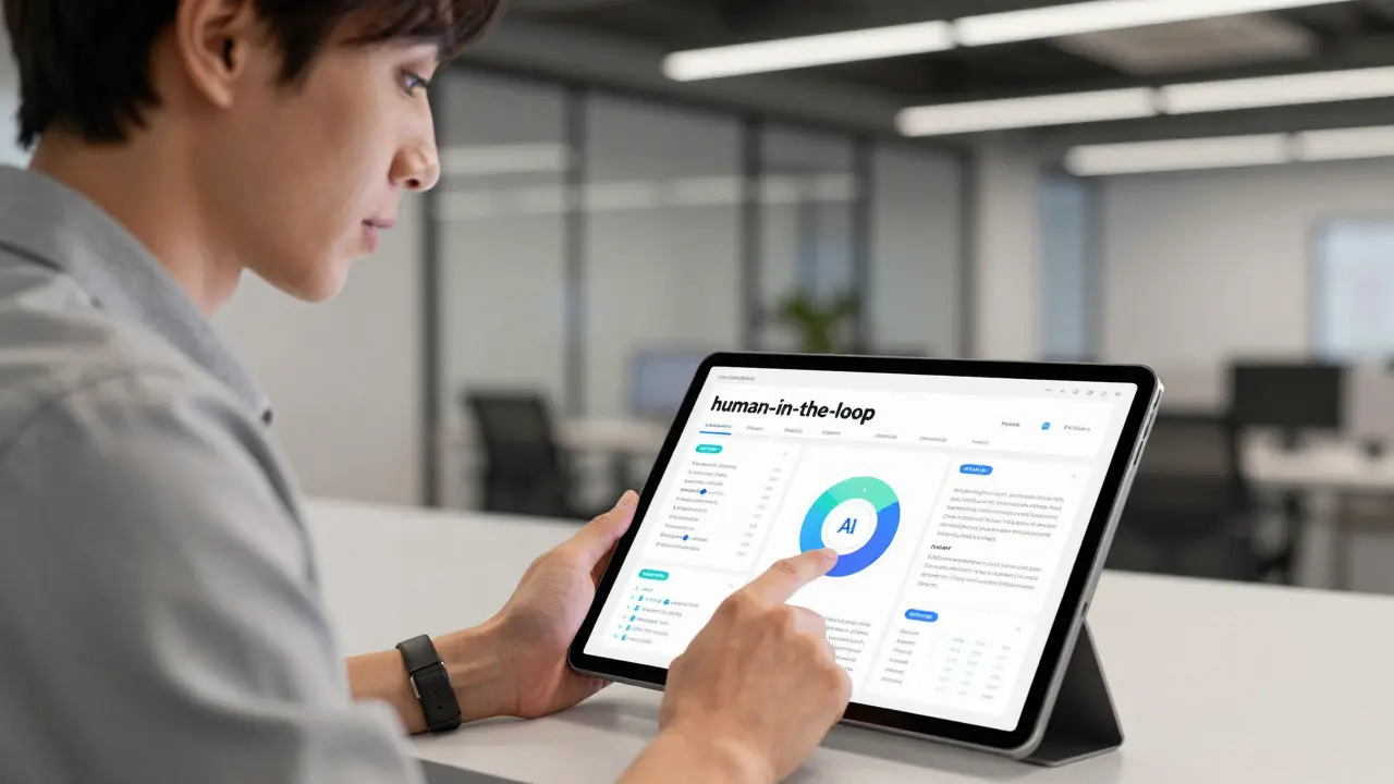 Professional marketing expert validating AI-generated insights on a digital tablet in an office.