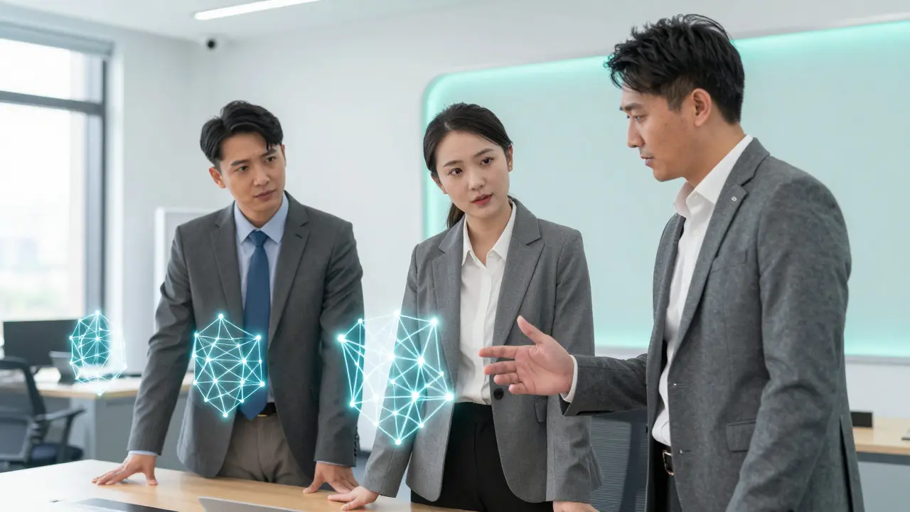 Professionals analyzing abstract light data models together