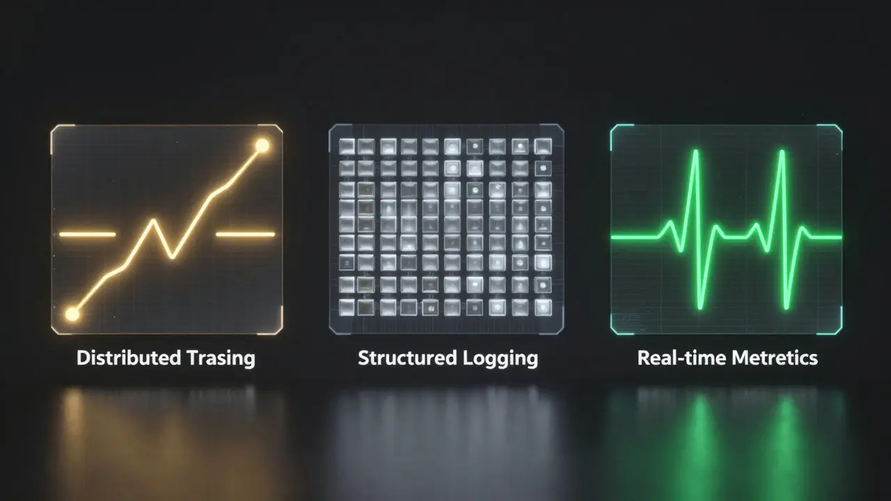 Three holographic displays showing a trace path, structured logs, and a metric heartbeat wave.