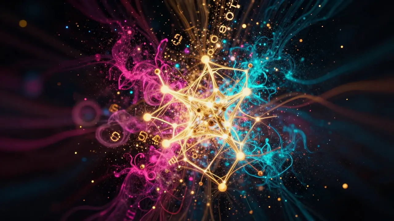 Abstract glowing neural network particles exploding in creative chaos