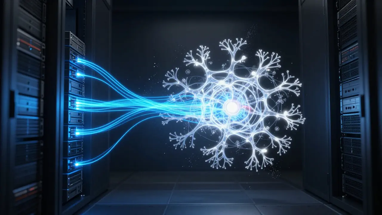 Abstract visualization of data flowing from servers to an AI core