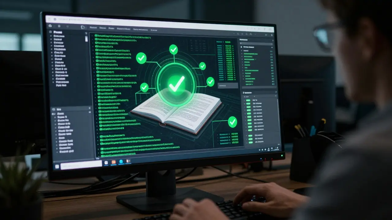 Analyst verifying AI content authenticity via blockchain hashes on a monitor