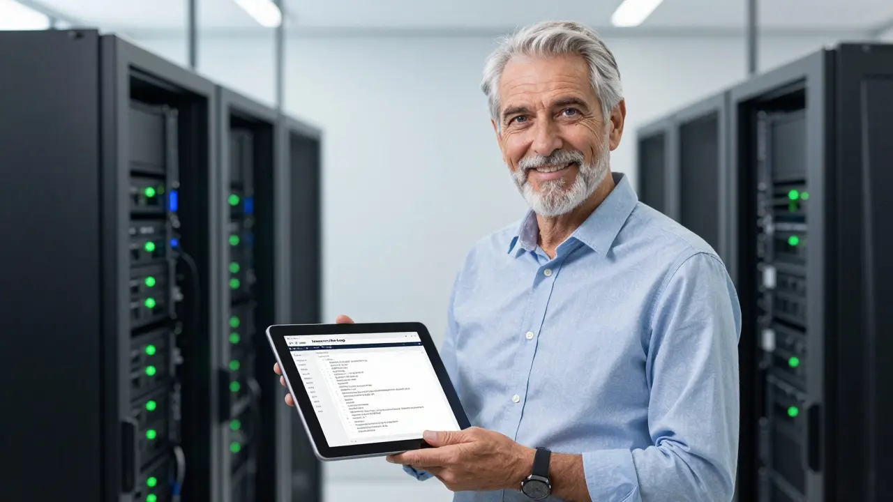 Architect reviewing code structure in a bright server room