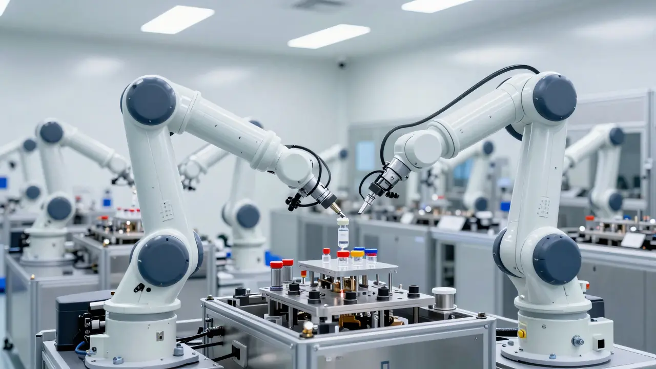 Automated robotic arms processing samples in a sterile, AI-driven pharmaceutical facility