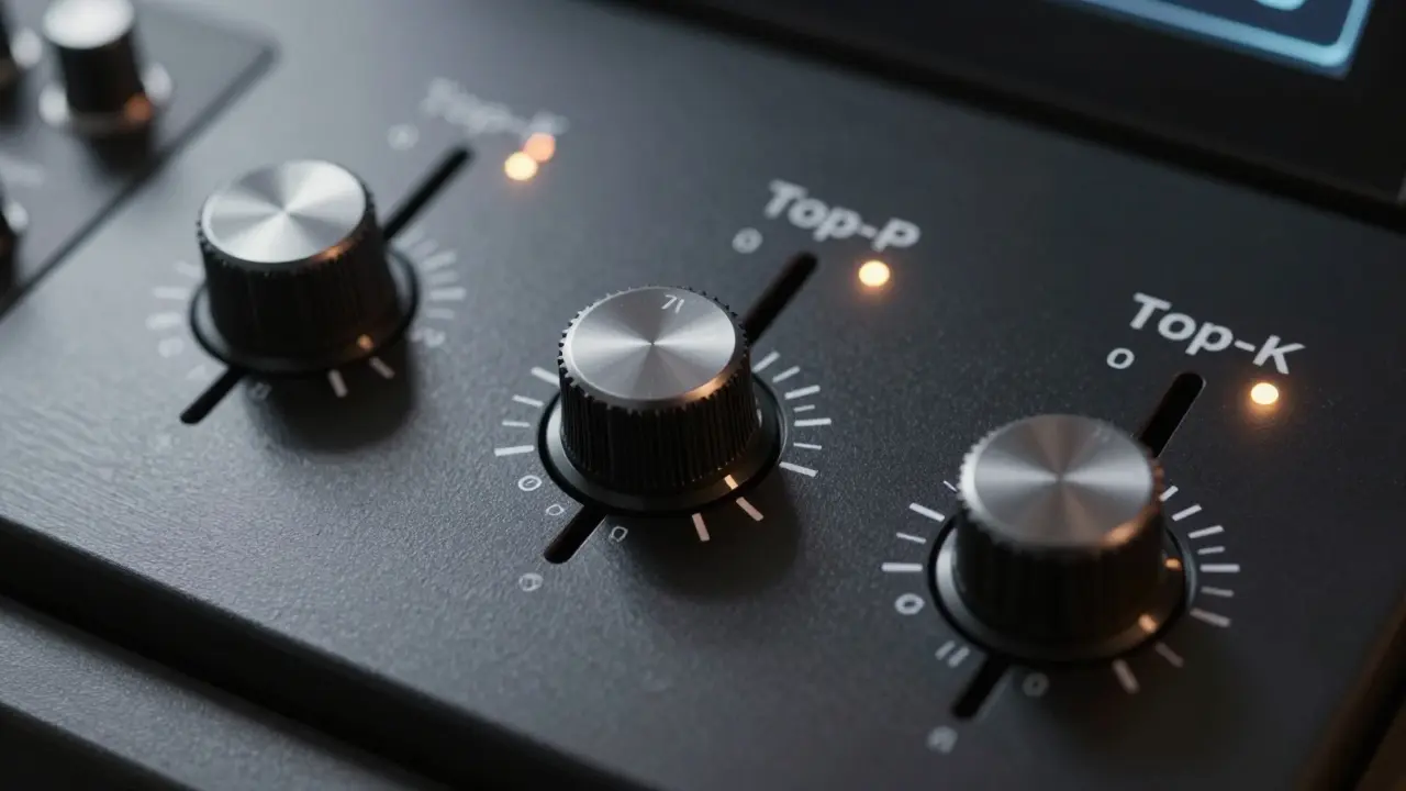 Close-up of AI control panel dials for temperature and sampling parameters