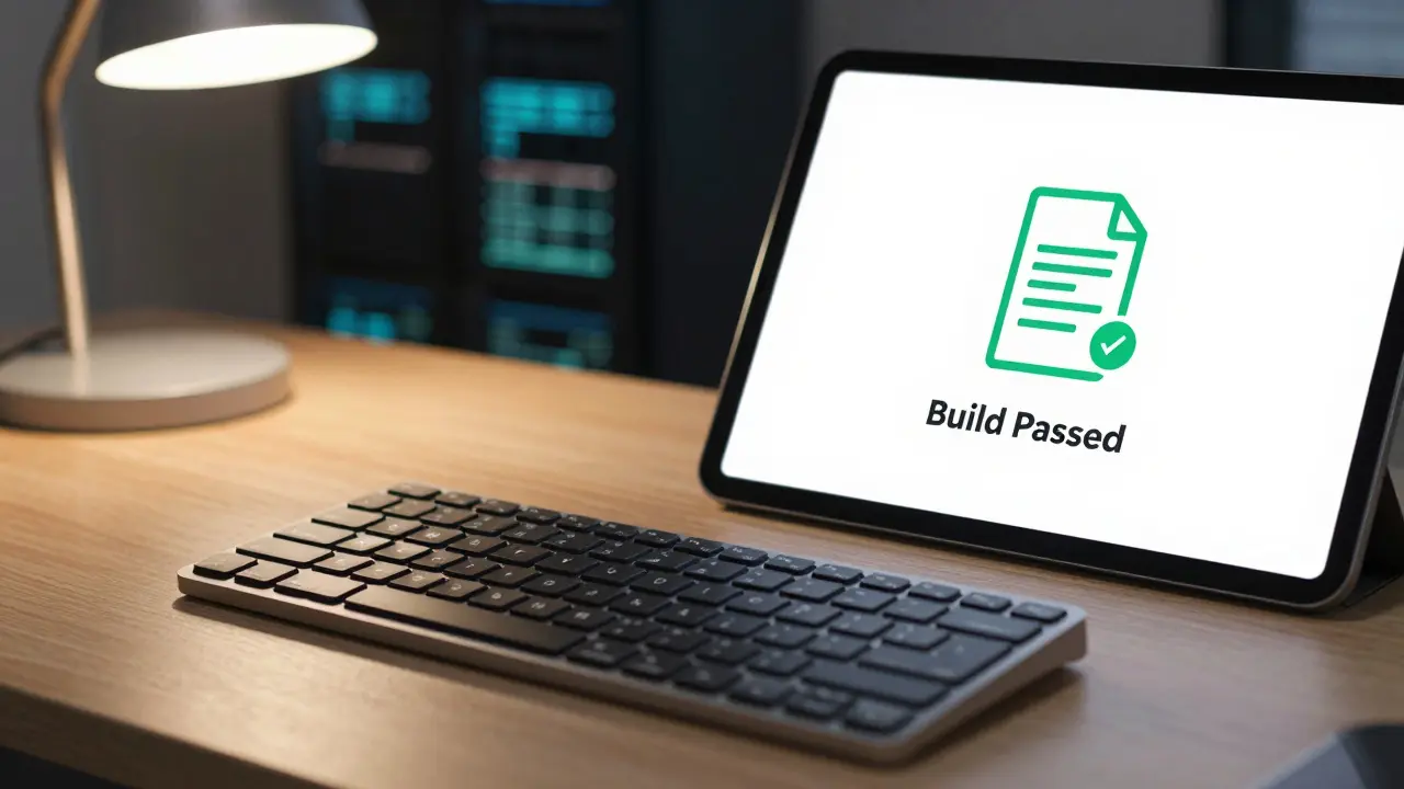 Close-up of automated build success and synced documentation icons