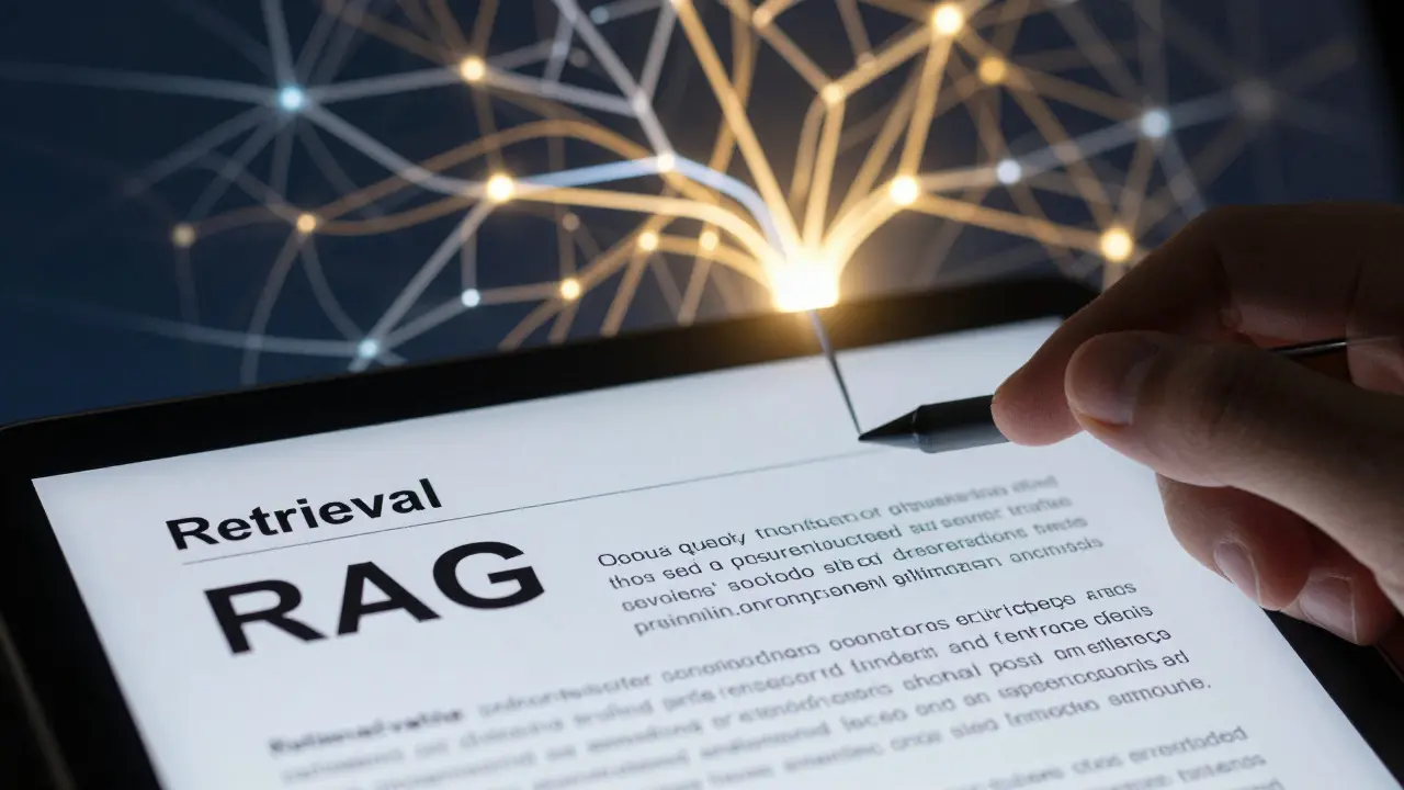 Close-up of data retrieval connecting to neural network for accurate answers