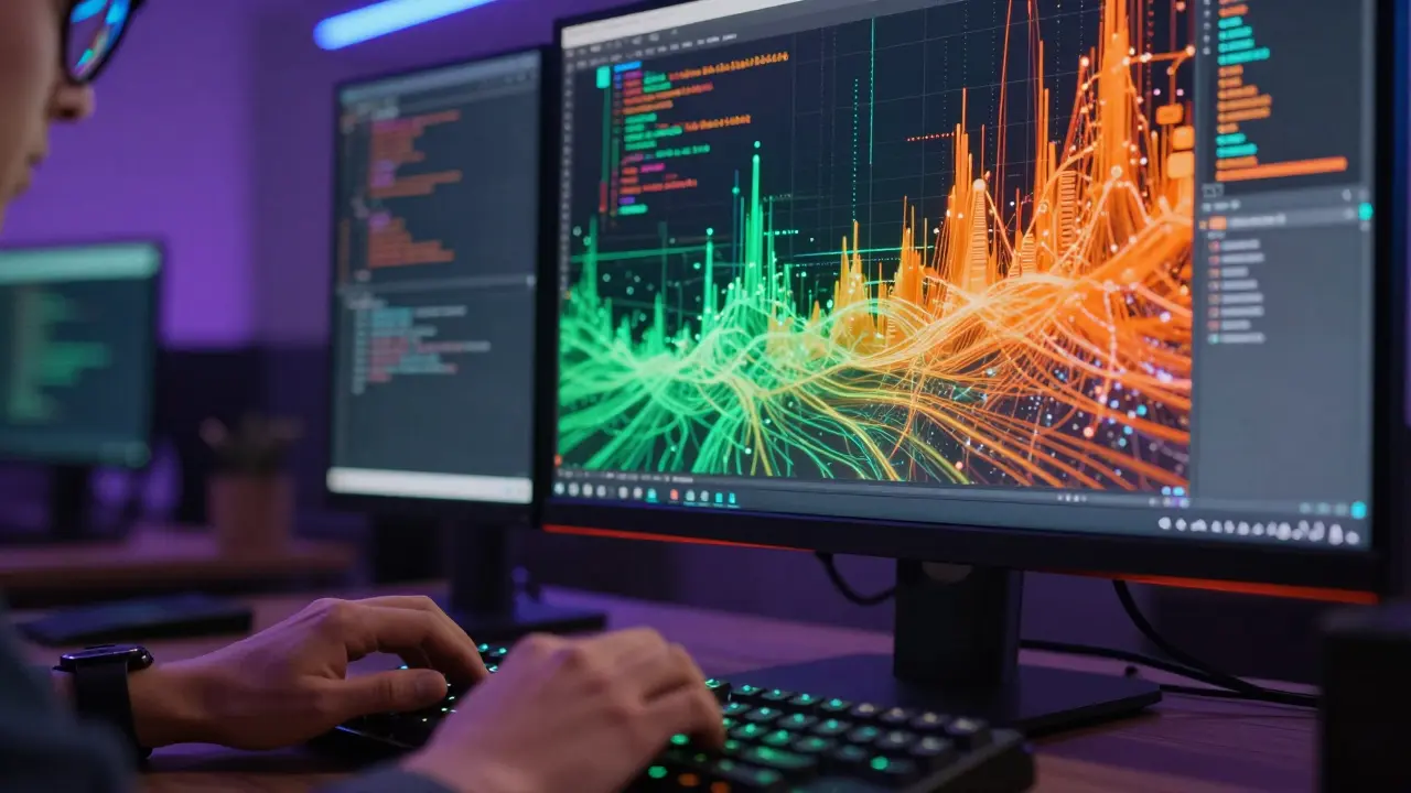 Close-up of developer hands with monitor showing visualized AI token usage spikes.
