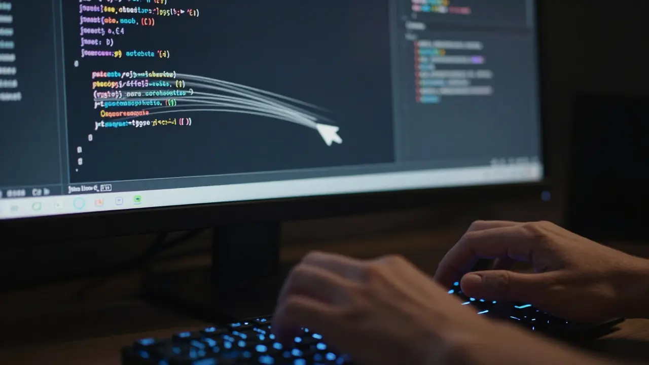 Close-up of hands coding fast, showing speed and efficiency of AI tools