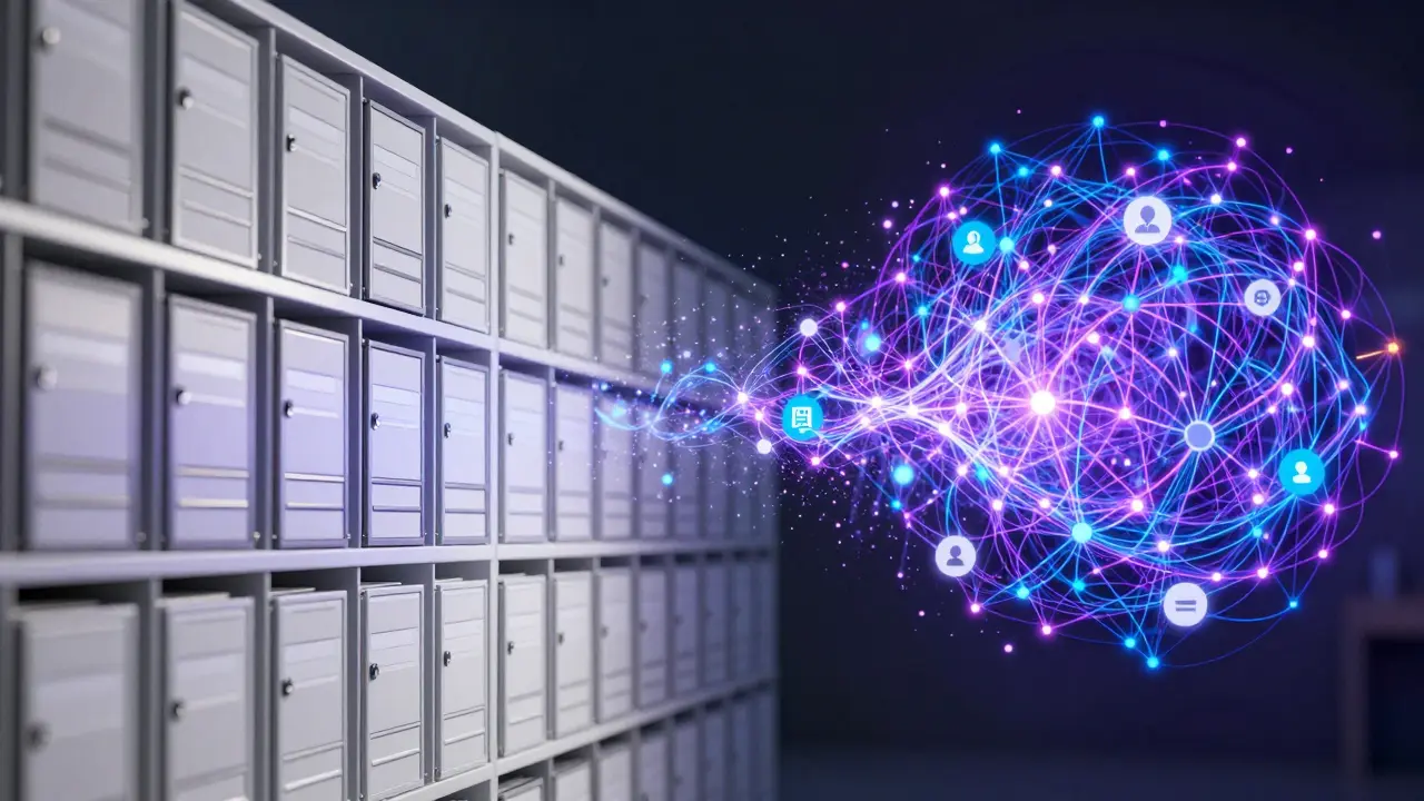 Contrast between organized database files and chaotic neural network data web.