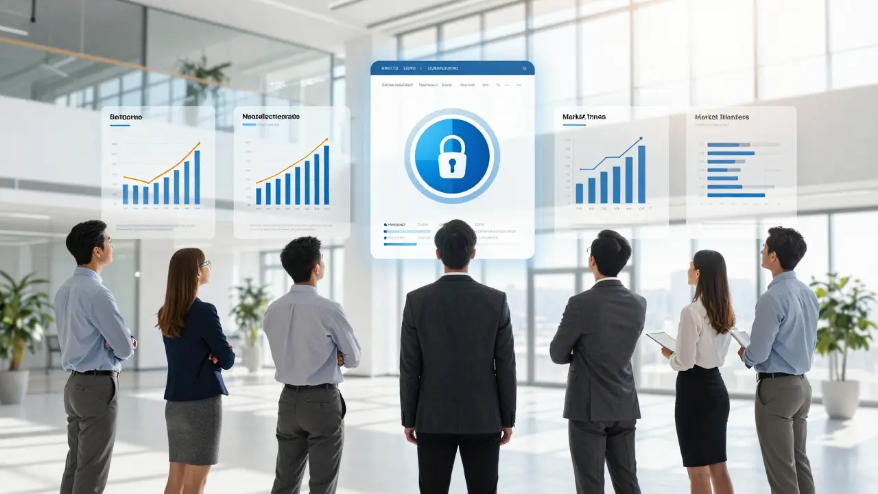 Corporate team reviewing AI-blockchain integration metrics in a modern office