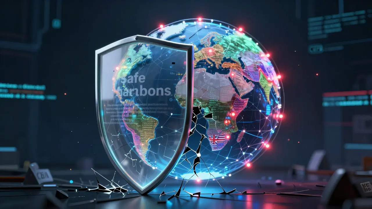 Cracking glass shield over digital globe representing laws
