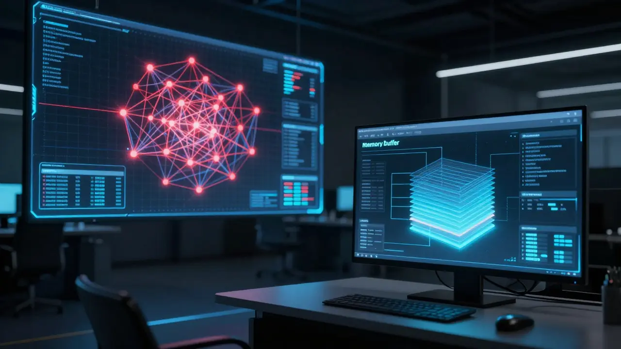Cybersecurity dashboard displaying network anomalies and memory buffers