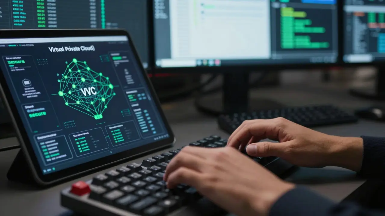 Cybersecurity expert managing VPC controls with physical keys and audit logs