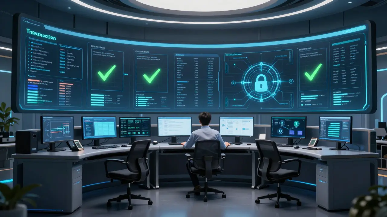 Developer in high-tech control room monitoring secure data pipelines