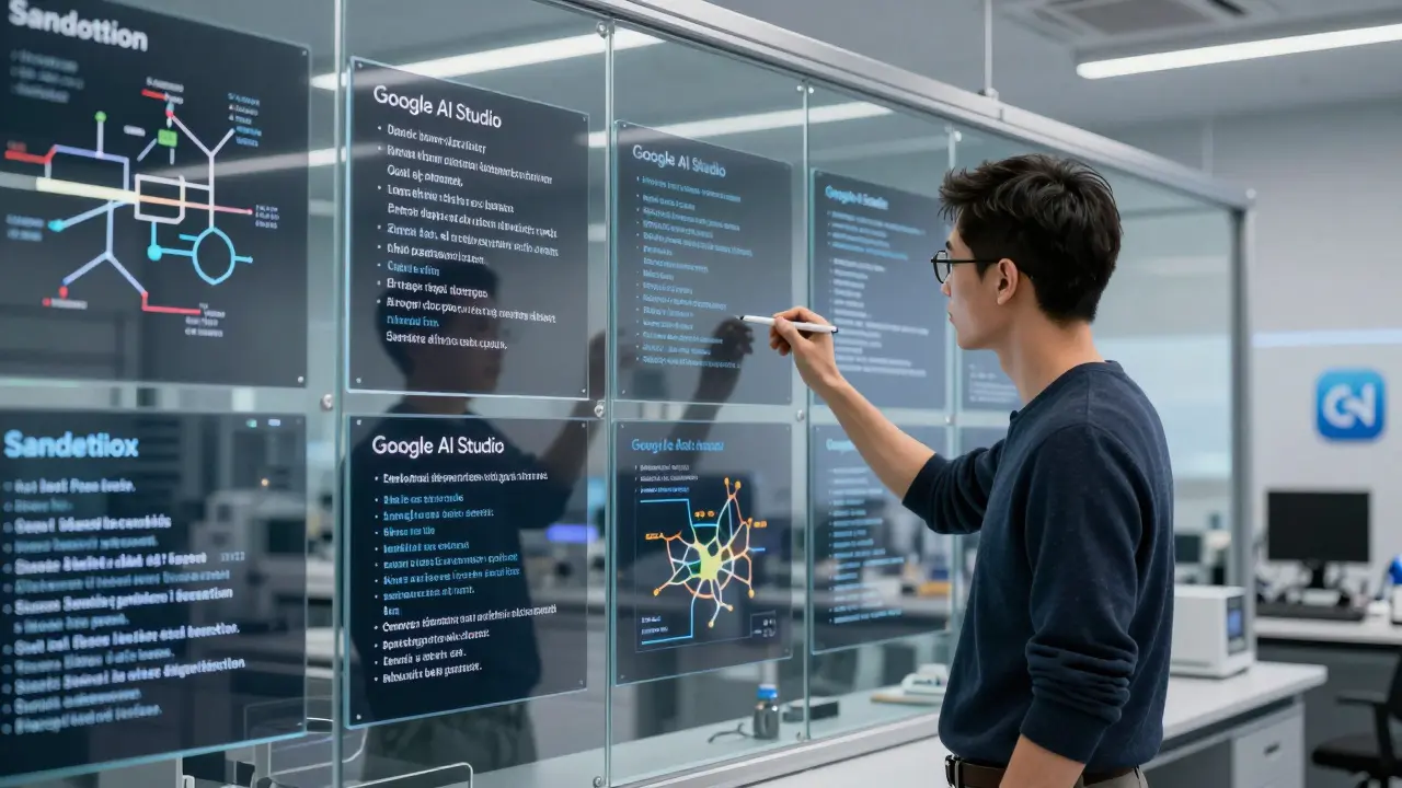 Developer testing AI prompts on interactive glass panels in a lab