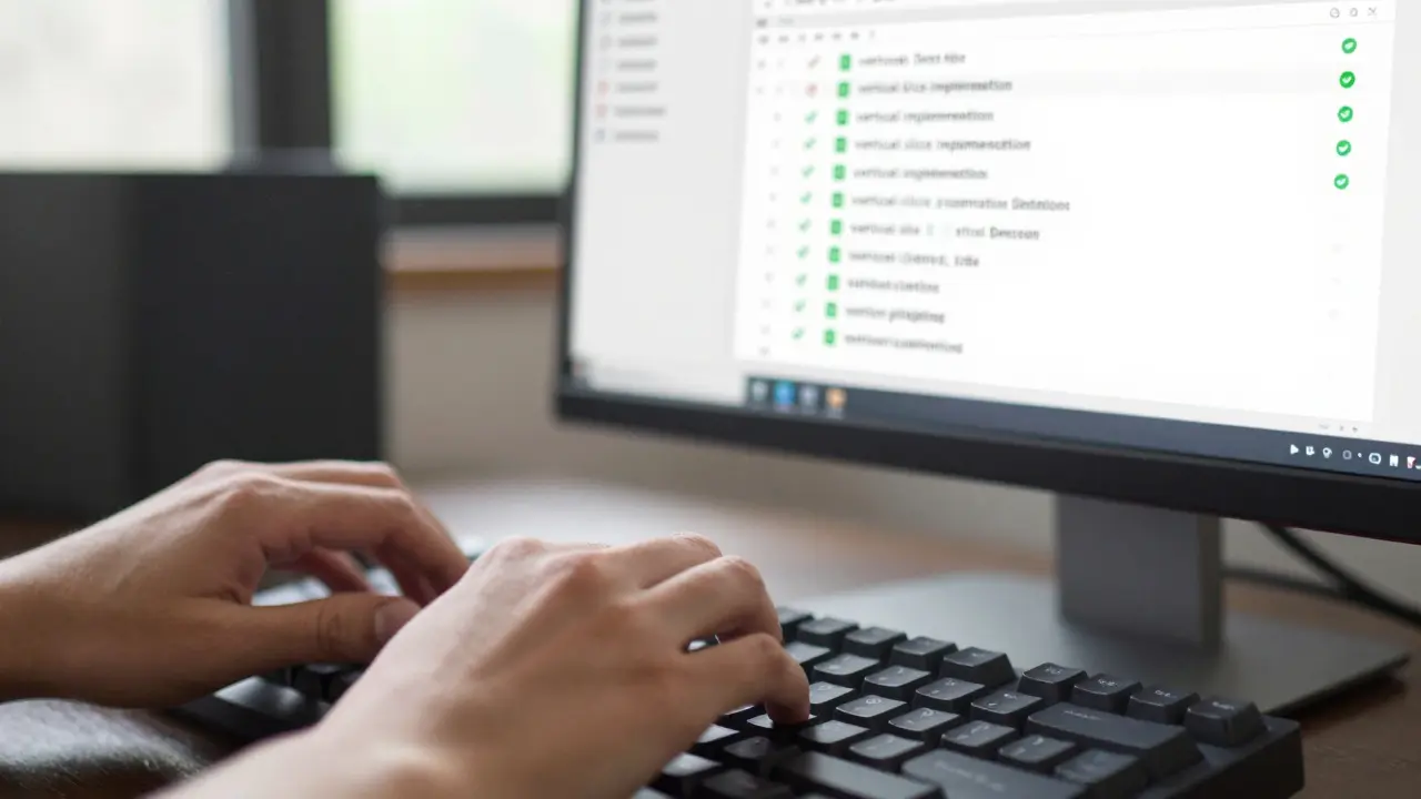 Developer typing with organized file structure on monitor