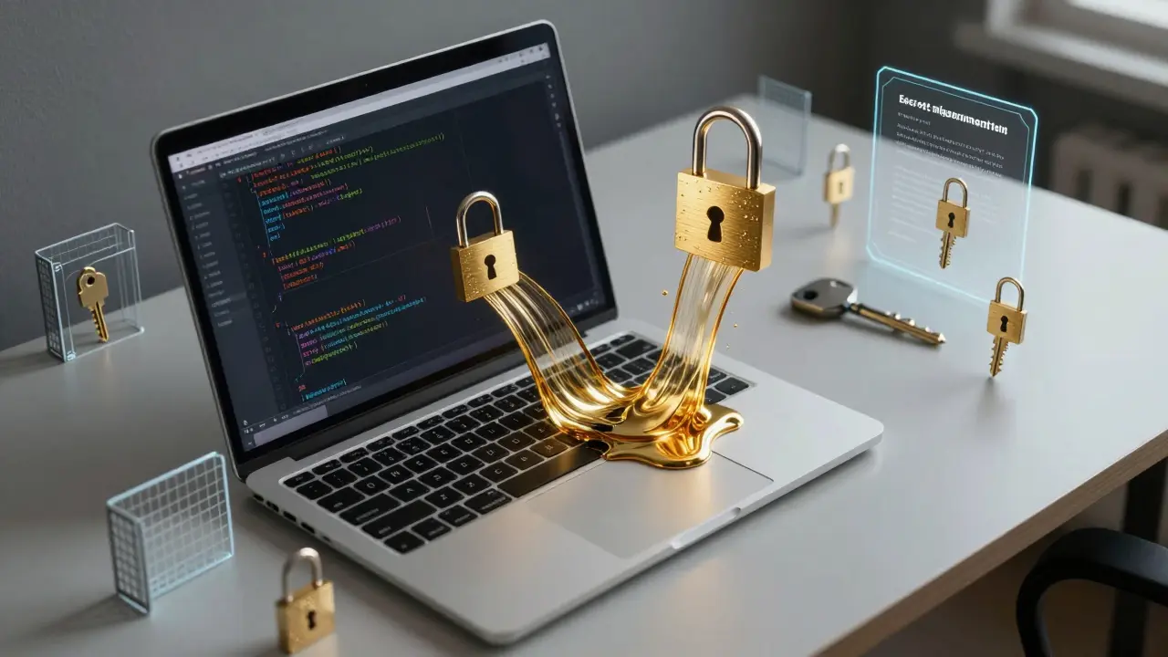 Developer workspace with code secured by holographic locks and access controls.
