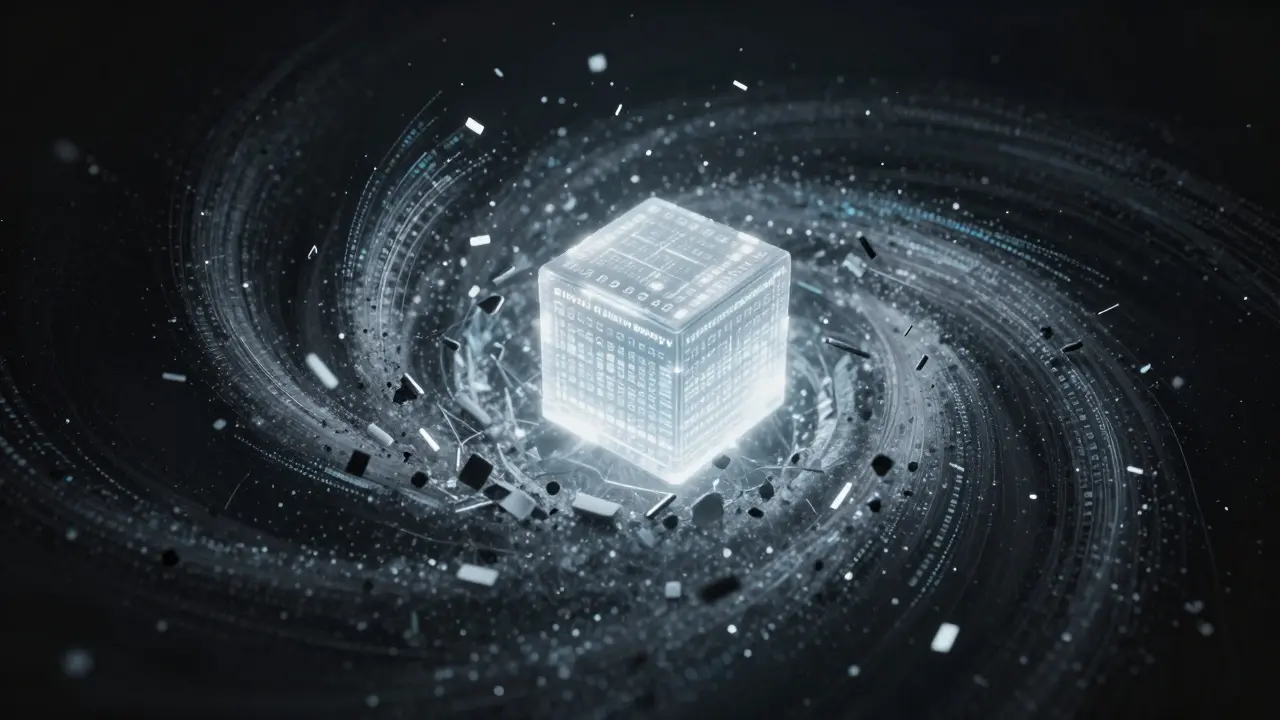 Digital data particles dissolving into darkness around a bright core, symbolizing selective forgetting.