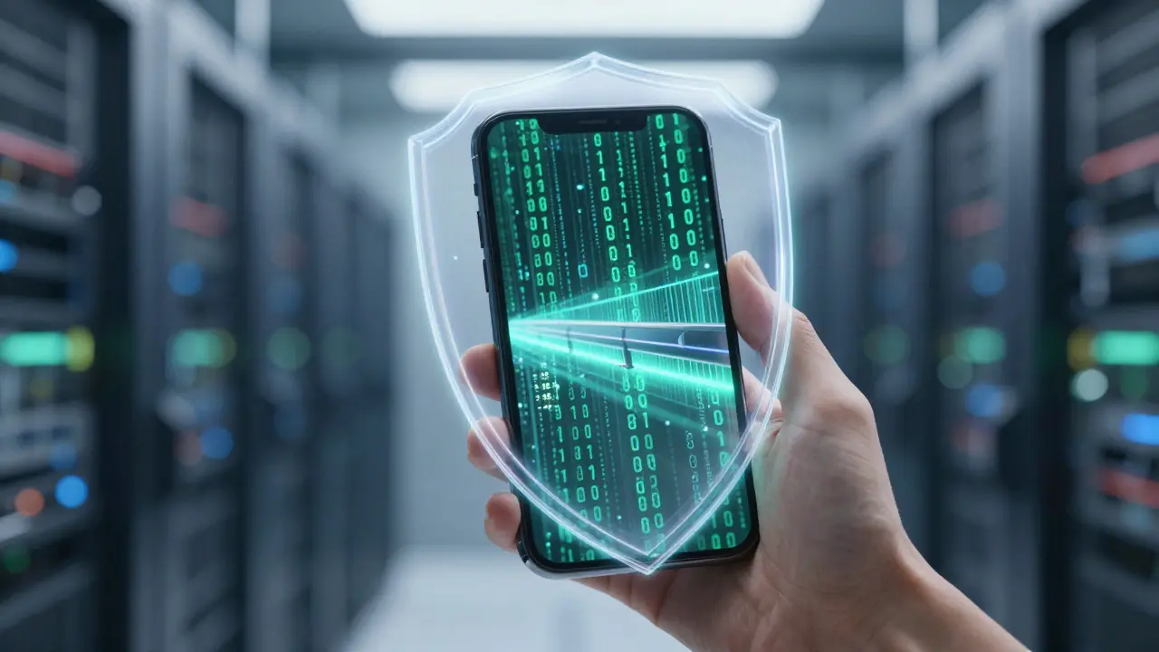 Digital shield protecting a smartphone from data leaks, symbolizing proactive privacy measures.