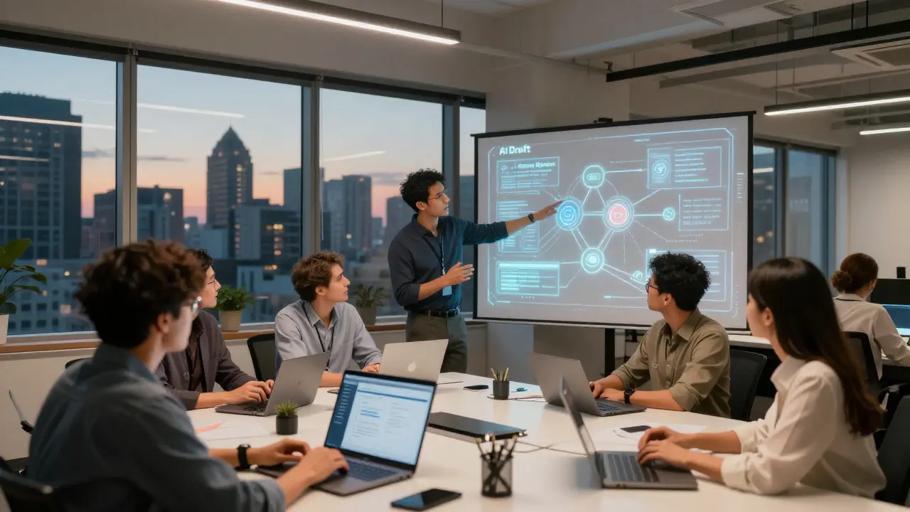 Diverse team collaborating on AI-human workflow