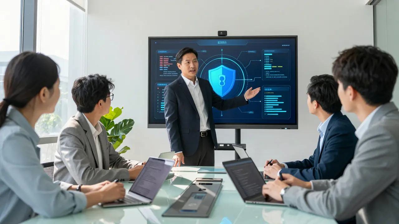 Diverse team of legal and AI experts collaborating on privacy assessment.
