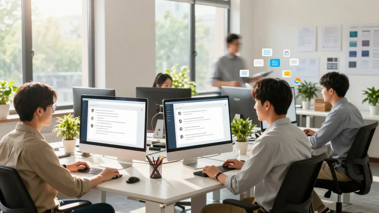 Employees using AI knowledge tools efficiently in a sunny open office