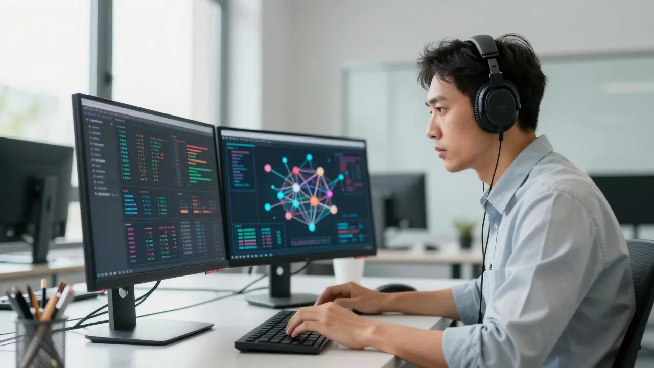 Expert reviewing AI outputs on monitors in a modern office setting