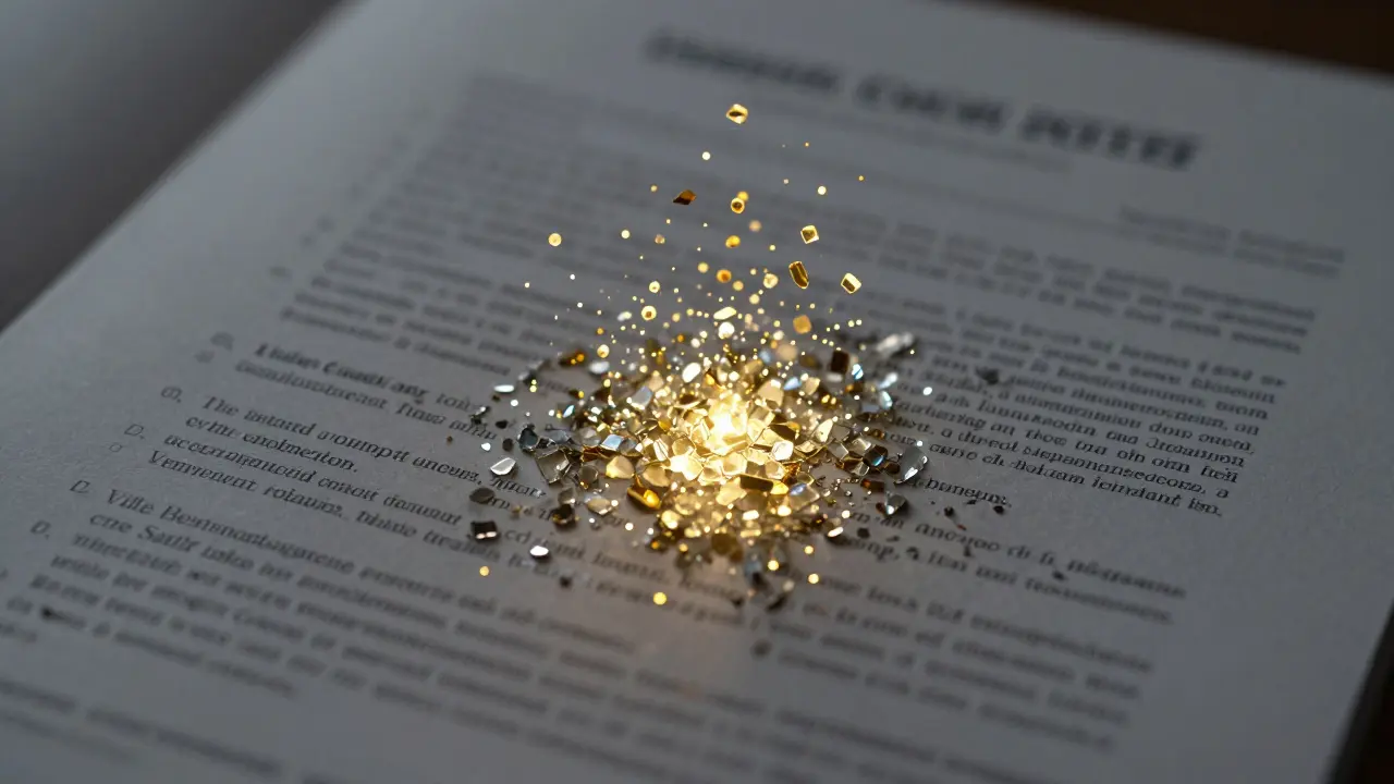 Floating document shards with key terms highlighted in gold, showing granular data preservation.