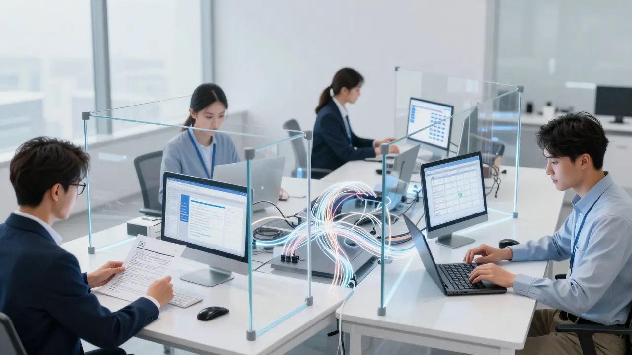 Four specialists collaborating via data streams, illustrating modular AI efficiency.