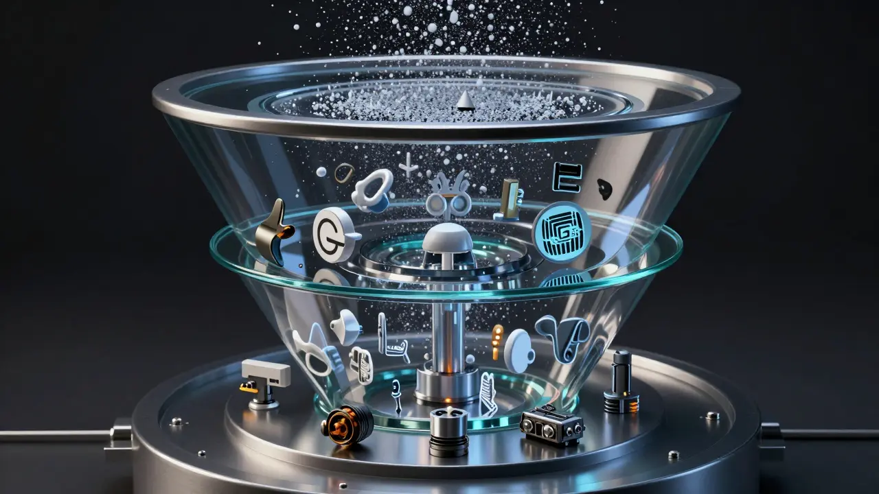 Glass funnel filtering data particles through tiered security layers for efficient risk assessment.