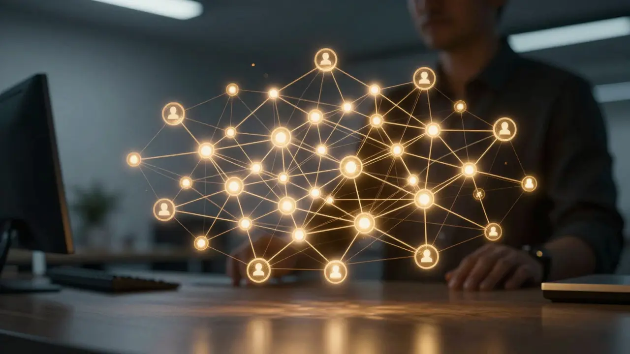 Glowing knowledge graph nodes connected by lines, illustrating relational data structures.