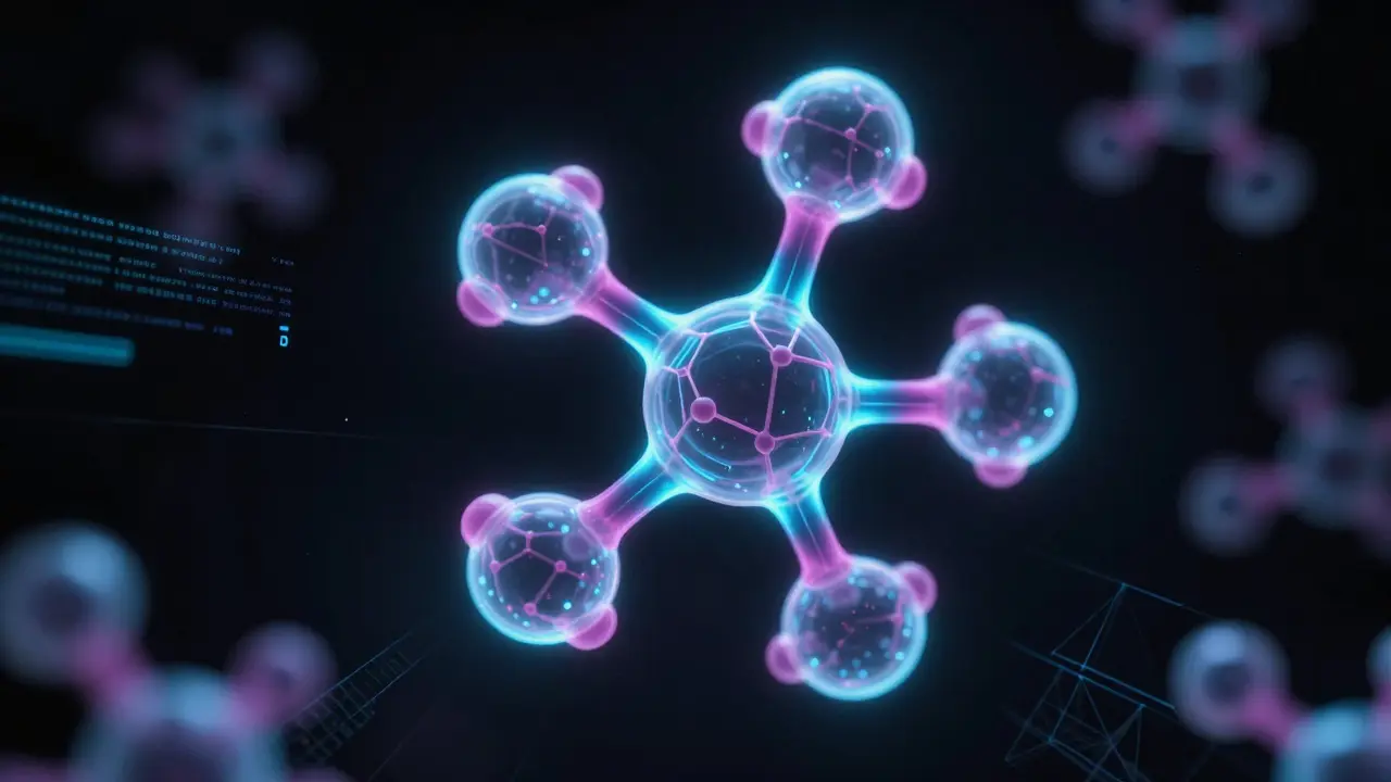 Glowing molecular structure surrounded by digital data streams representing AI drug design.