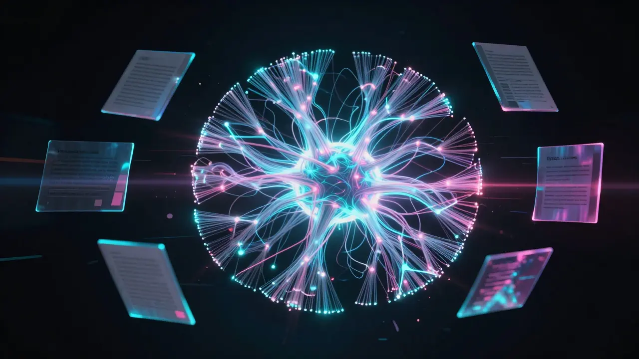 Glowing neural network surrounded by fragmented holographic documents
