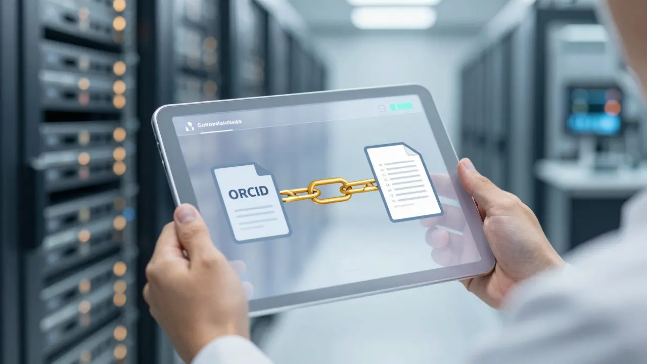 Hand holding tablet showing secure link between author ID and publication