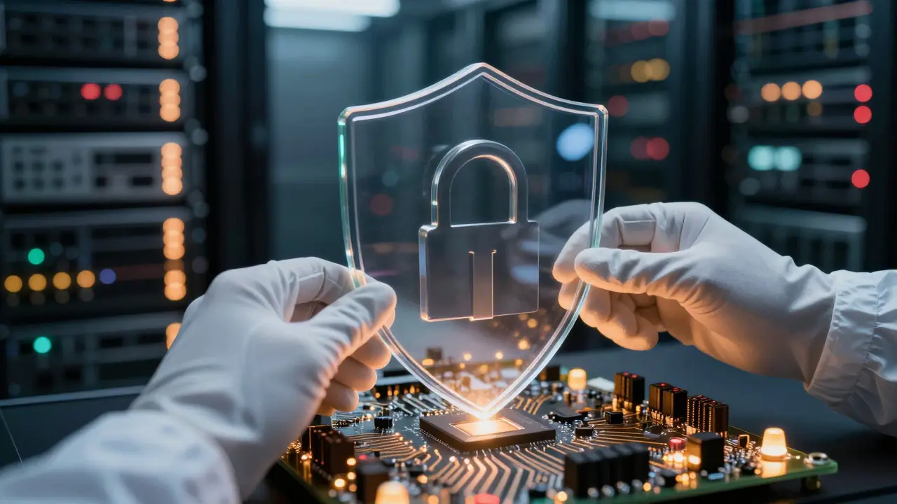 Hands placing a protective shield over a glowing circuit board